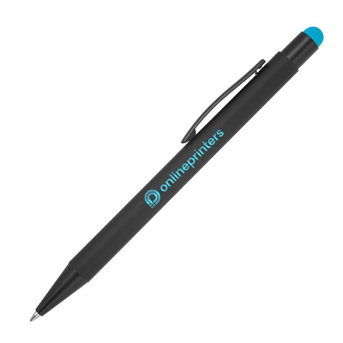 Turquoise metal ballpoint pen with touch function and clip.