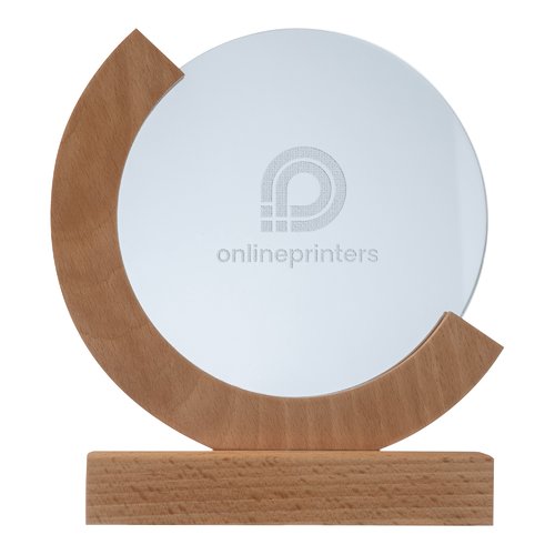 Beige trophy with bamboo base and circular acrylic glass plate.