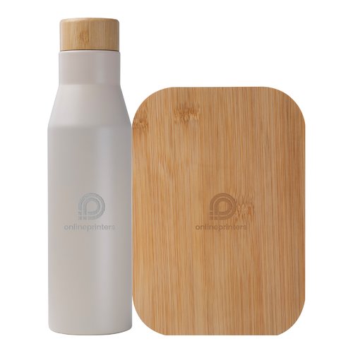 Grey stainless steel water bottle with bamboo lid and bamboo lunch box as a set.