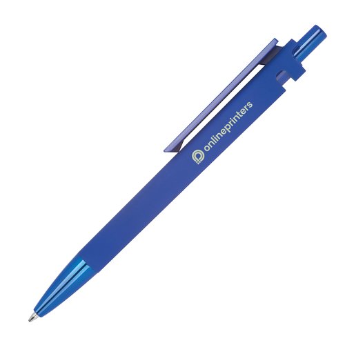 Blue recycled ABS ballpoint pen with clip and push button.