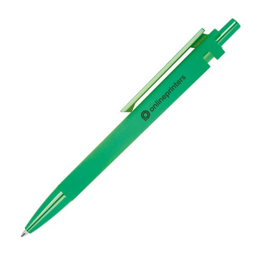 Green recycled ABS ballpoint pen with clip and push button.