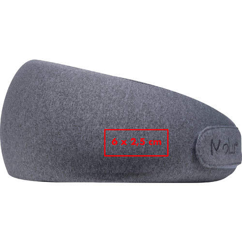 Gray fabric neck pillow with adjustable closure.