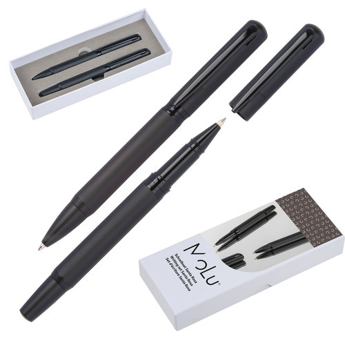 Black metal writing set with a ballpoint pen and a rollerball pen.