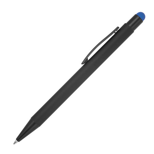 Blue metal ballpoint pen with touch function and clip.