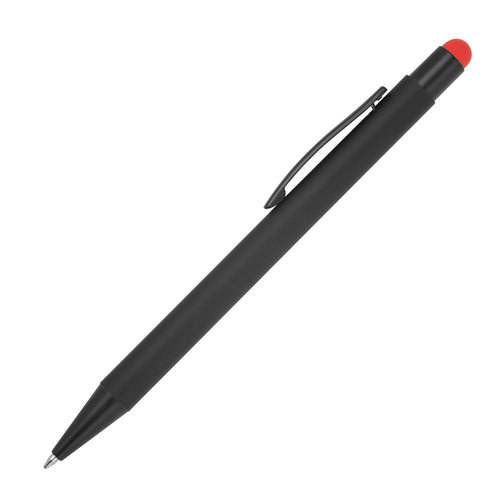 Red metal ballpoint pen with touch function and clip.