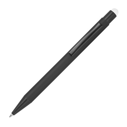 White metal ballpoint pen with touch function and clip.