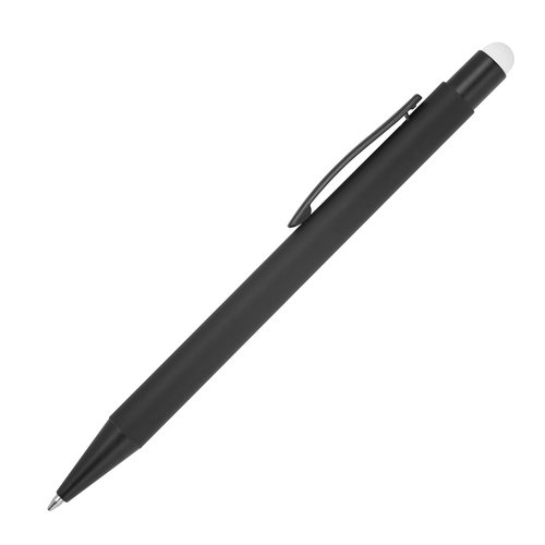 White metal ballpoint pen with touch function and clip.