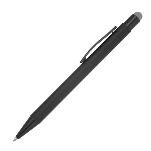 Gray metal ballpoint pen with touch function and clip.