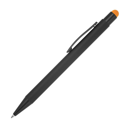 Orange metal ballpoint pen with touch function and clip.