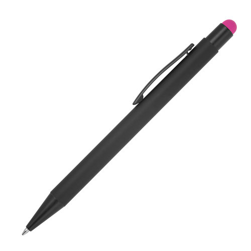 Pink metal ballpoint pen with touch function and clip.