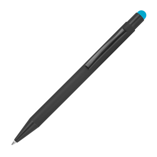 Turquoise metal ballpoint pen with touch function and clip.