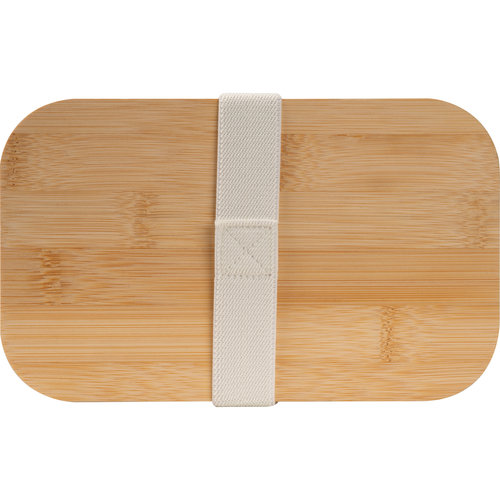 White Lunchbox with bamboo lid and elastic closure strap.