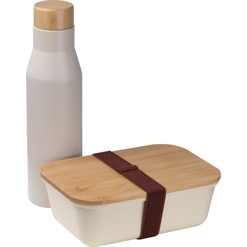 Beige lunchbox with stainless steel bottle and bamboo lid.