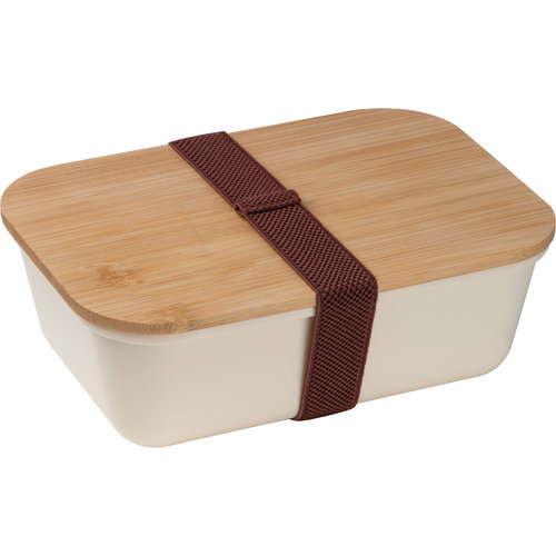 Beige bamboo lunchbox with stainless steel bottle and rubber band.
