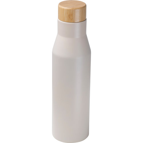 Beige stainless steel lunchbox with stainless steel bottle and wooden lid.