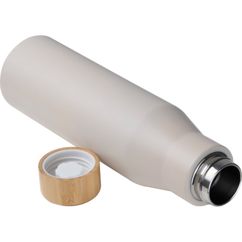 Beige lunchbox with stainless steel bottle and bamboo lid.