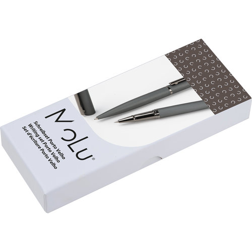 Anthracite writing set with ballpoint pen and rollerball pen in a gift box.