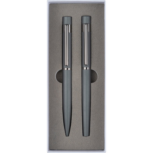 Anthracite-colored writing set with ballpoint pen and fountain pen.