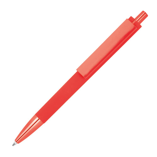 Red ABS ballpoint pen with clip and push mechanism.