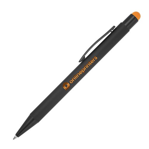 Orange metal ballpoint pen with touch function and clip.