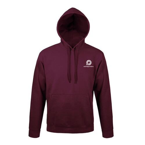 Burgundy cotton blend hoodie with hood and kangaroo pocket.