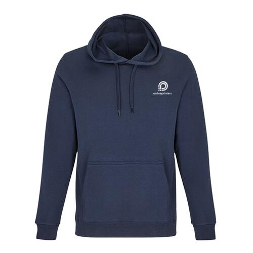 Navy blue cotton-polyester hoodie with hood and kangaroo pocket.