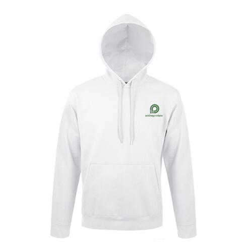 White cotton-polyester hoodie with hood and kangaroo pocket.