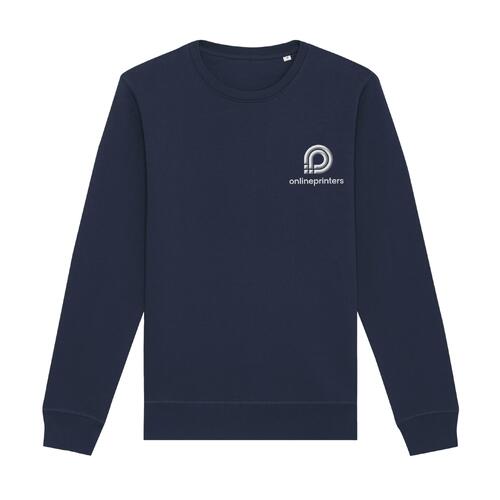 Navy blue sweatshirt made of organic cotton-polyester blend in a unisex fit.