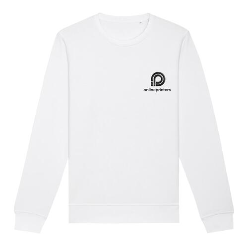 White cotton-polyester blend sweatshirt, unisex with round neck.