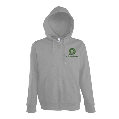 Grey heathered cotton-blend sweatshirt jacket with hood and full zipper.