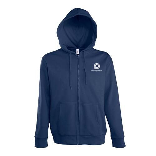 Navy blue cotton blend hooded sweatshirt with full zipper.