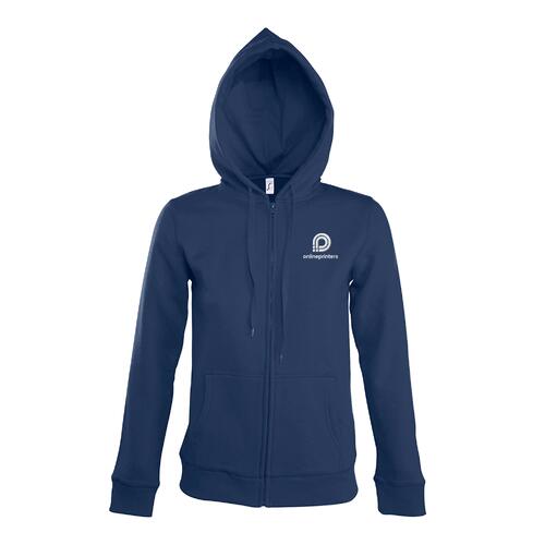 Navy blue women's cotton blend sweat jacket with hood and full zipper.
