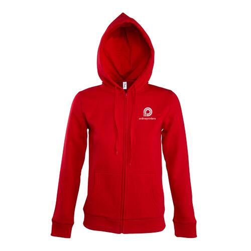 Red women's cotton blend sweatshirt jacket with hood and full zipper.