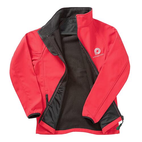 Red polyester softshell jacket for men with full zip.