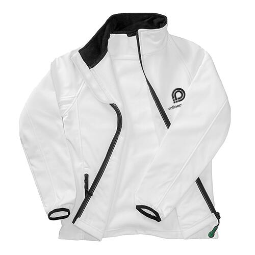 White polyester softshell jacket for men with zipper.