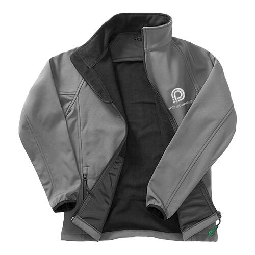 Dark gray women's softshell jacket made of polyester with full zipper.