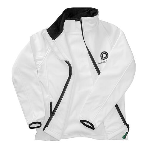White polyester softshell jacket for women with full zipper and side pockets.