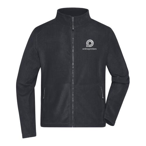 Navy blue polyester fleece jacket with full zipper.