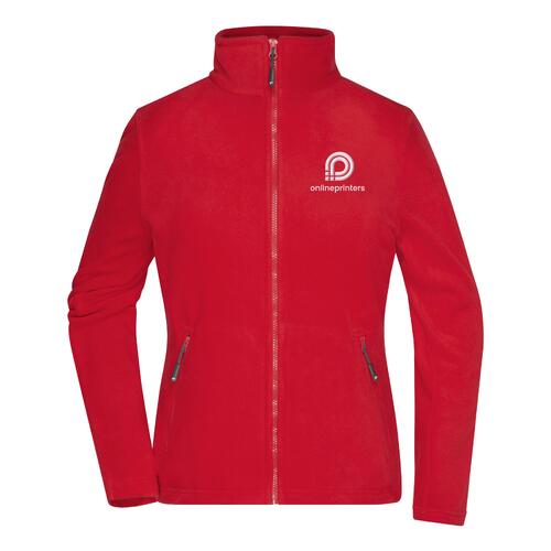 Red polyester fleece jacket for women with full zipper.