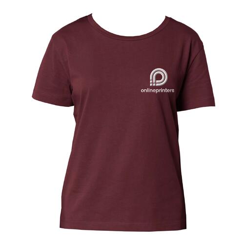 Burgundy organic cotton women's t-shirt with short sleeves.