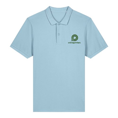 Sky blue organic cotton men's polo shirt with short button placket.