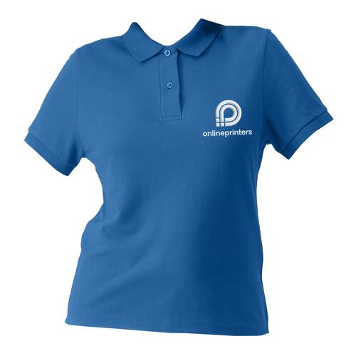 Royal blue women's polo shirt in organic cotton with short button placket.