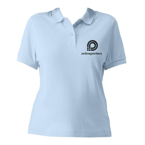 Sky blue women's polo shirt in organic cotton with short sleeves and button placket.