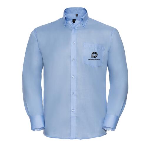 Sky blue cotton shirt for men, non-iron, with long sleeves and button placket.