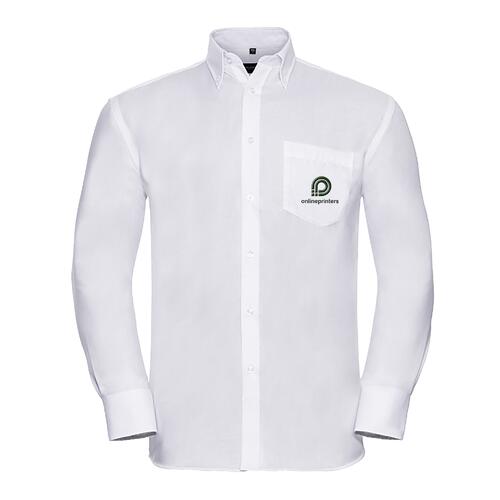 White fabric shirt for men with long sleeves and button placket.