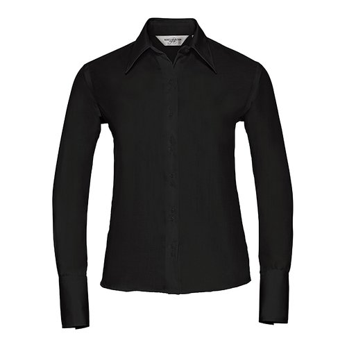 Black cotton blouse for women with long sleeves and button placket.