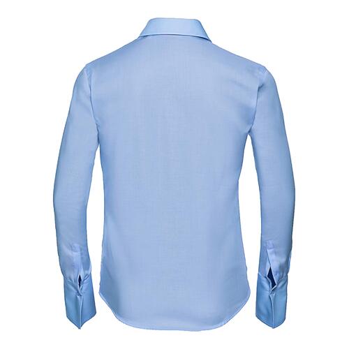 Sky blue cotton blouse with long sleeves and collar.