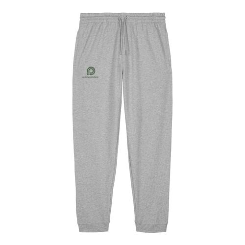 Gray fabric jogging pants with drawstring.