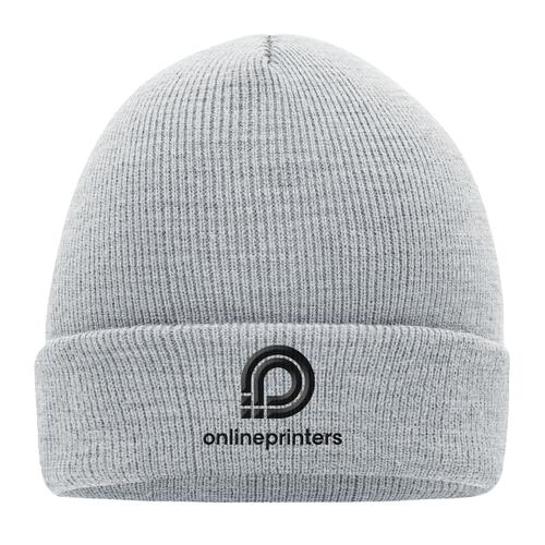 Heather gray knit beanie made of soft material with a ribbed brim.
