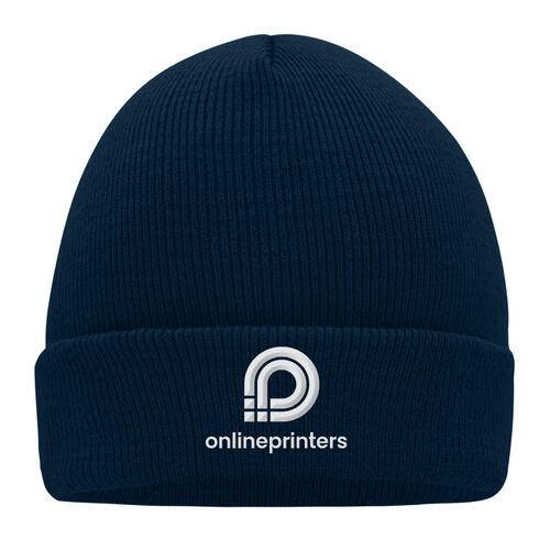 Navy-blue wool knit hat with ribbed texture.